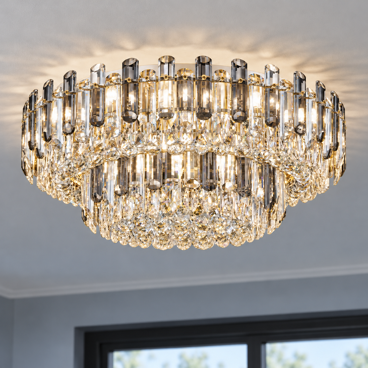 Crystal rod ceiling light with clear or tinted shades — commercial, Grey and clear (Style C) / Diameter 120 cm