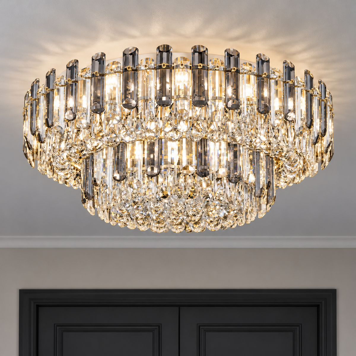 Crystal rod ceiling light with clear or tinted shades — commercial, Grey and clear (Style C) / Diameter 150 cm