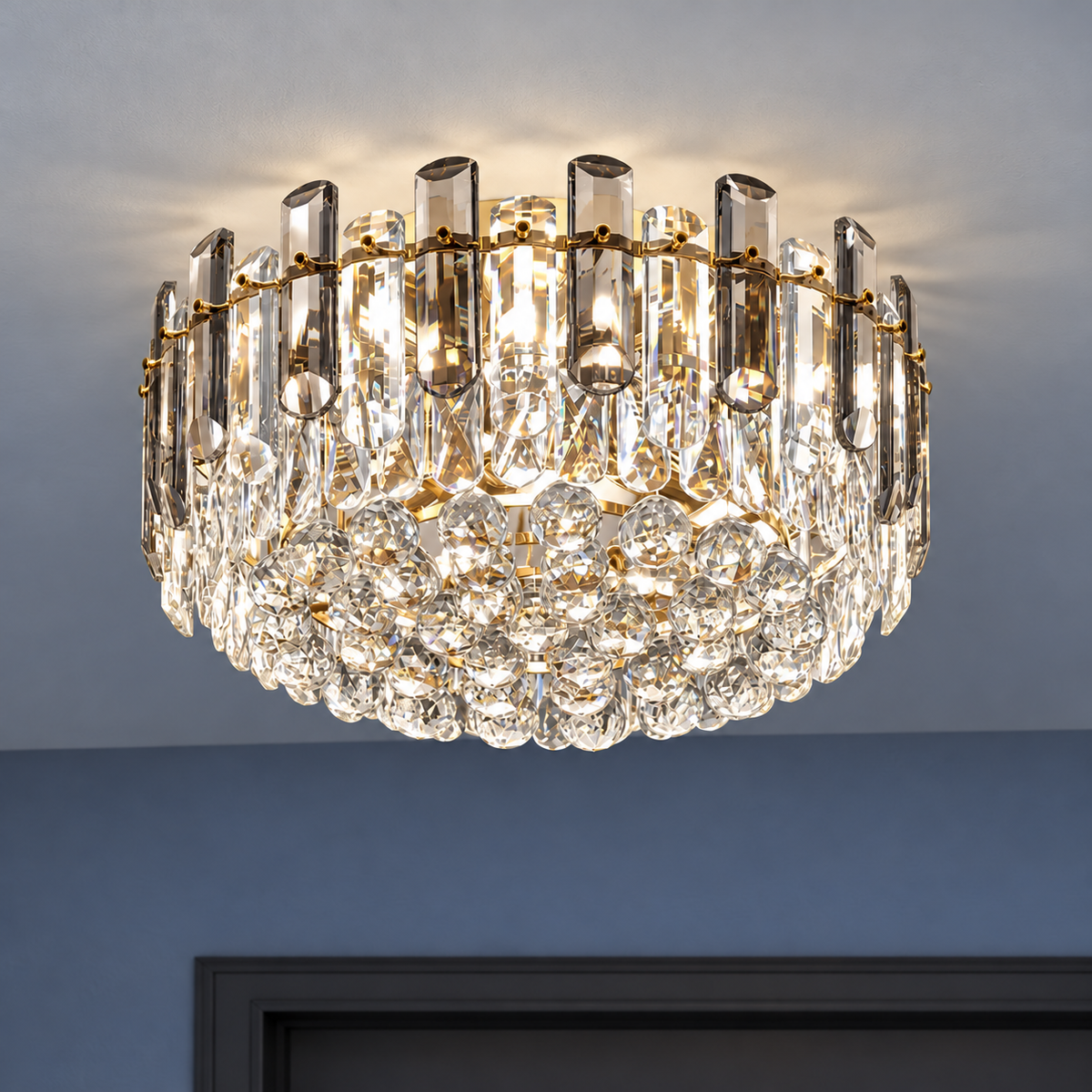 Crystal rod ceiling light with clear or tinted shades — commercial, Grey and clear (Style C) / Diameter 50 cm