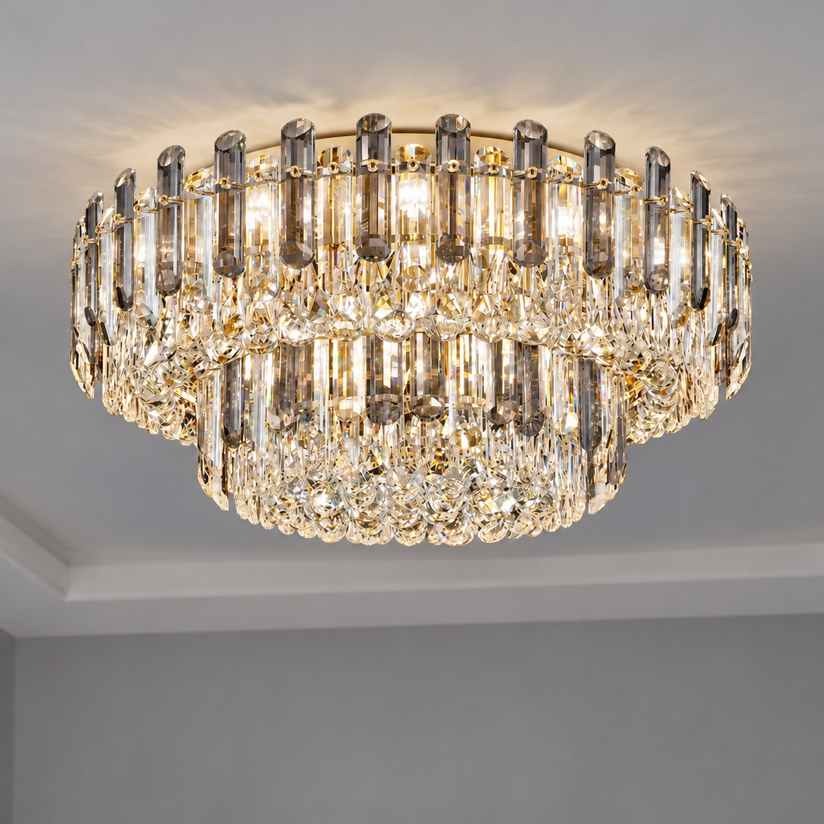 Crystal rod ceiling light with clear or tinted shades — commercial, Grey and clear (Style C) / Diameter 80 cm