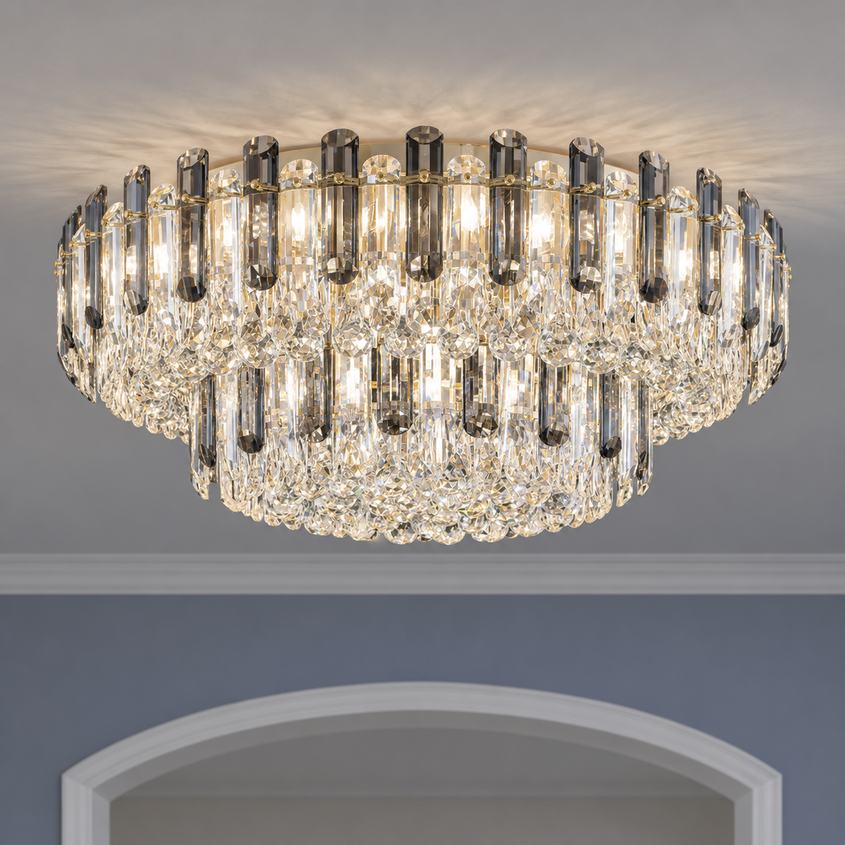 Crystal rod ceiling light with clear or tinted shades — commercial, Grey and clear (Style S) / Diameter 100 cm