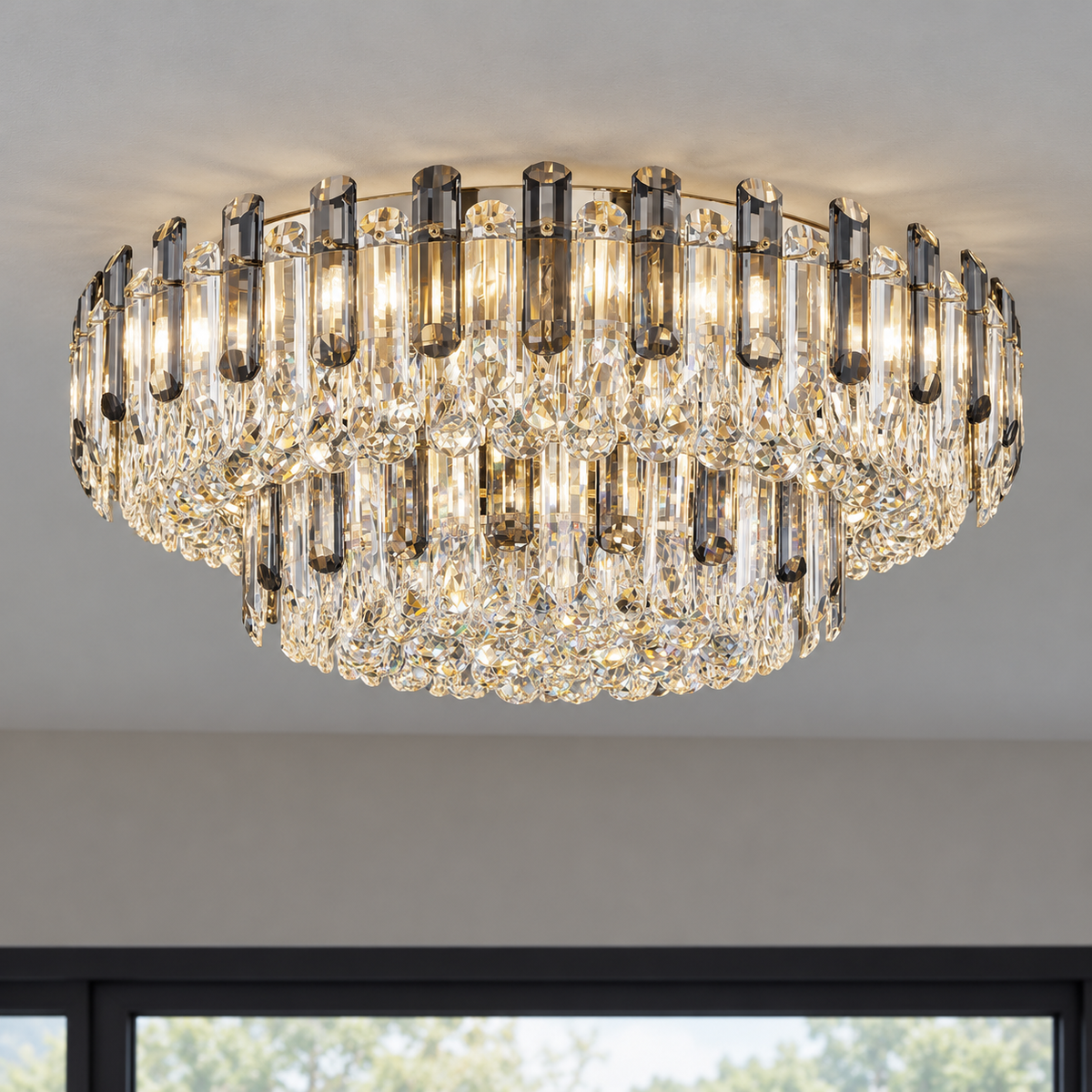 Crystal rod ceiling light with clear or tinted shades — commercial, Grey and clear (Style S) / Diameter 120 cm