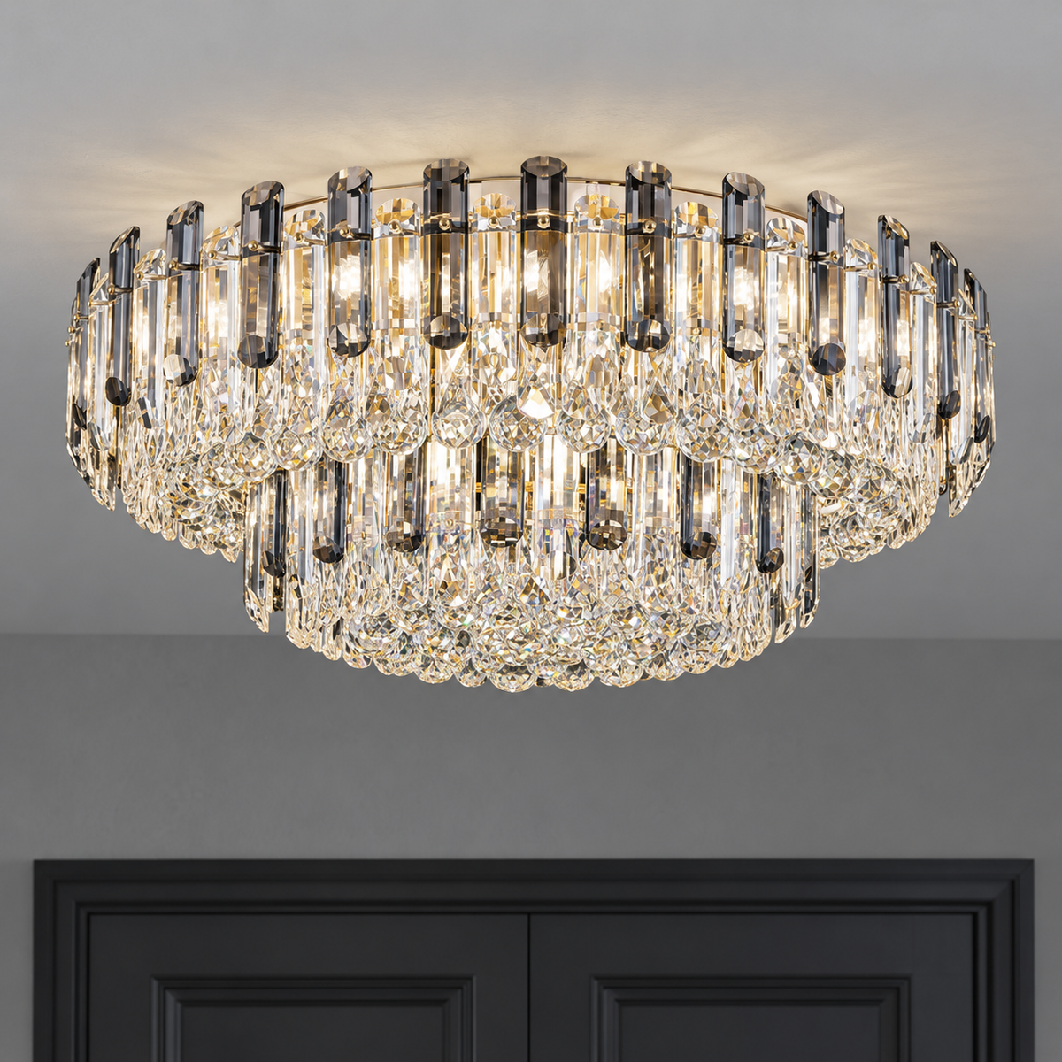 Crystal rod ceiling light with clear or tinted shades — commercial, Grey and clear (Style S) / Diameter 150 cm