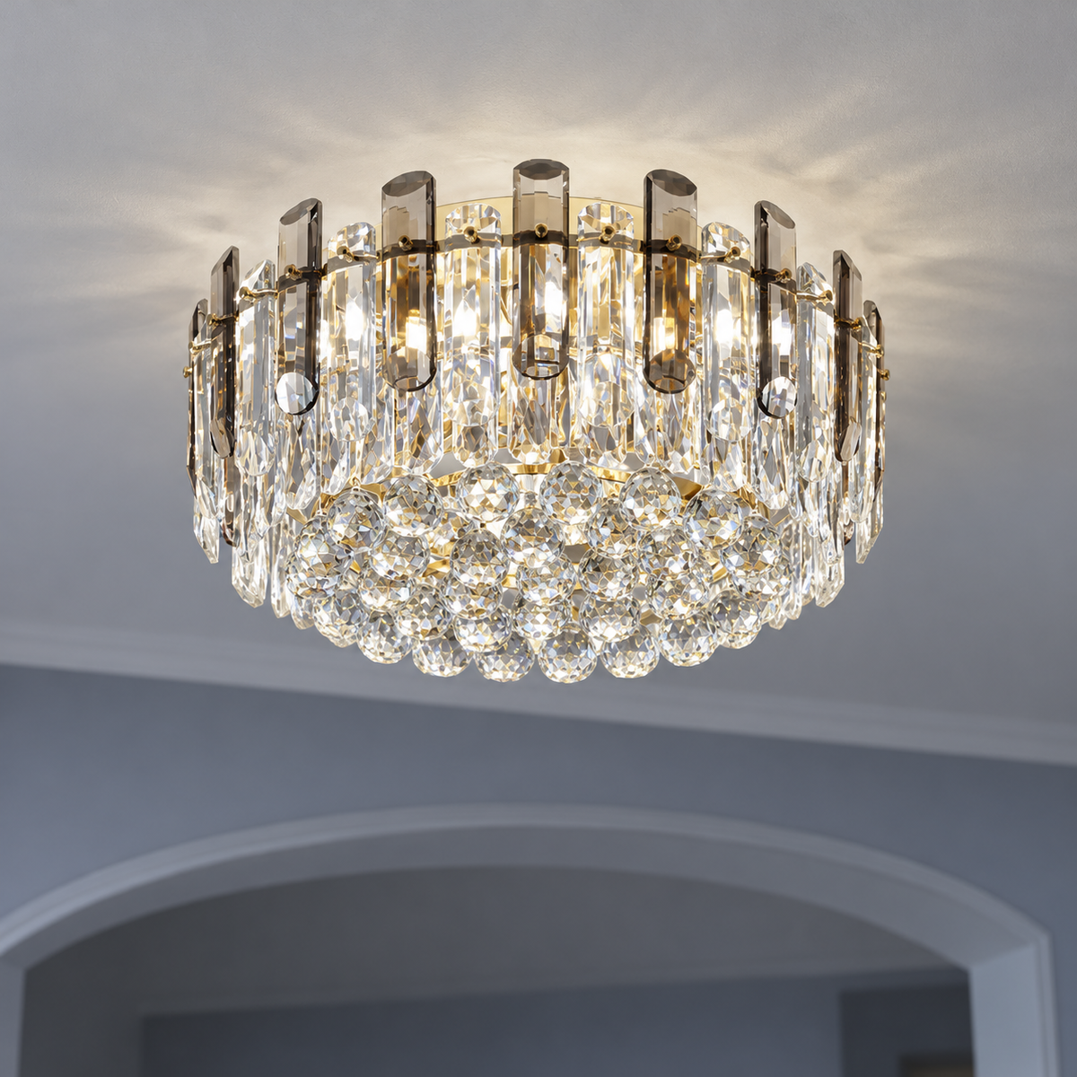 Crystal rod ceiling light with clear or tinted shades — commercial, Grey and clear (Style S) / Diameter 50 cm
