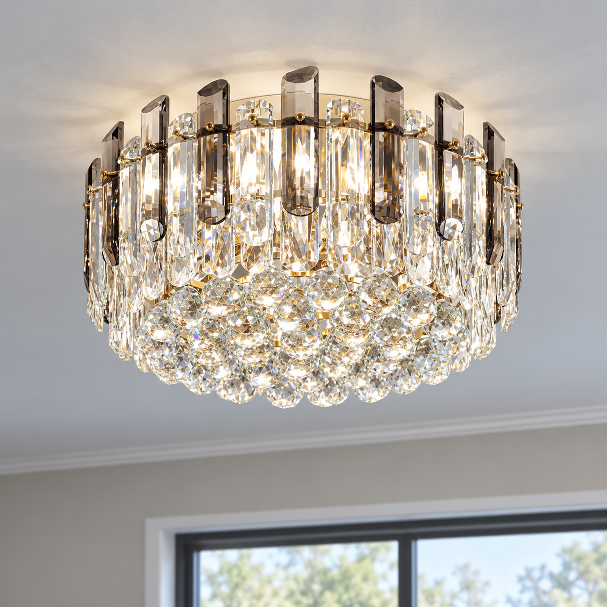 Crystal rod ceiling light with clear or tinted shades — commercial, Grey and clear (Style S) / Diameter 60 cm