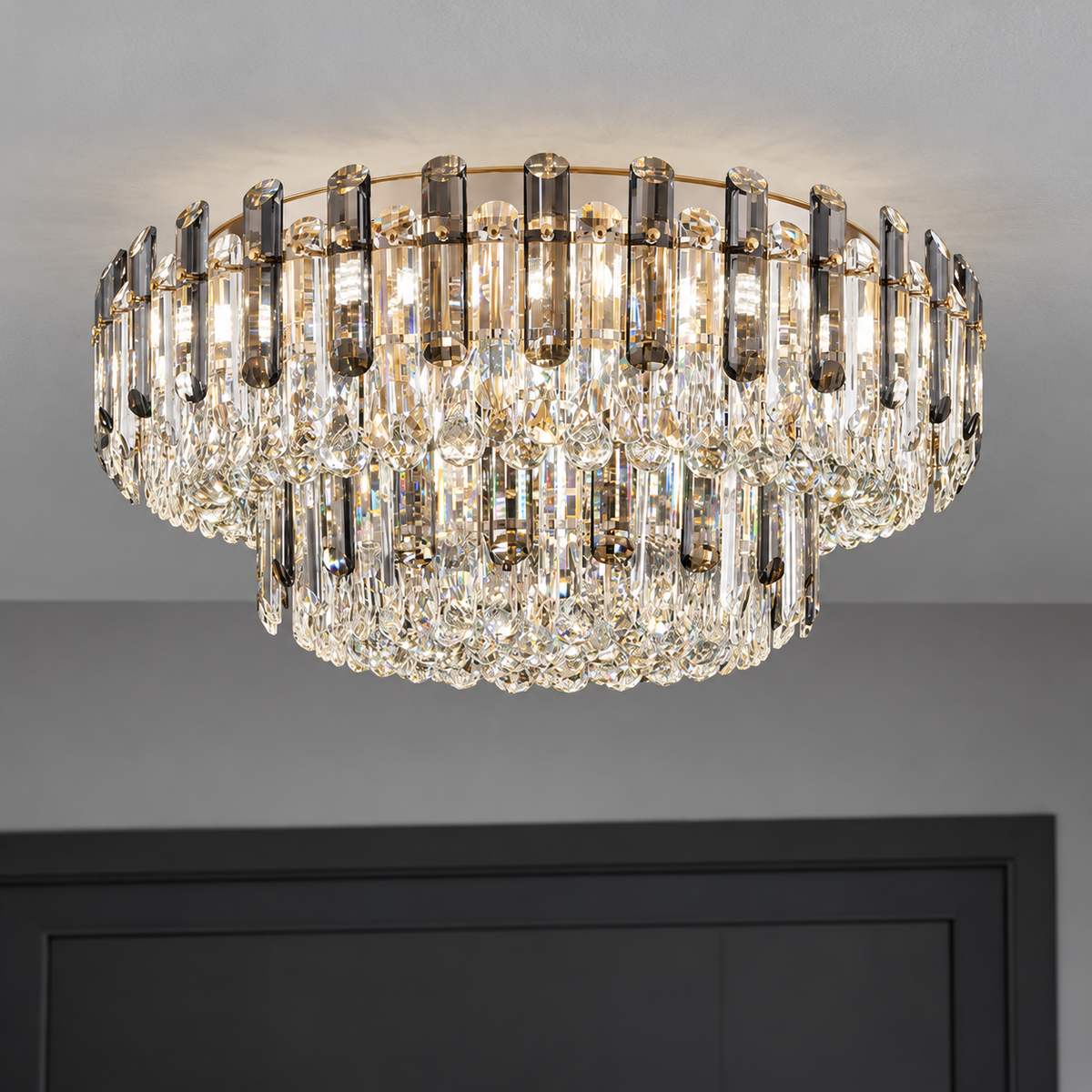 Crystal rod ceiling light with clear or tinted shades — commercial, Grey and clear (Style S) / Diameter 80 cm