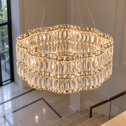 Wavy crystal drum chandelier in chrome or gold — above mid, Gold / 60 cm
