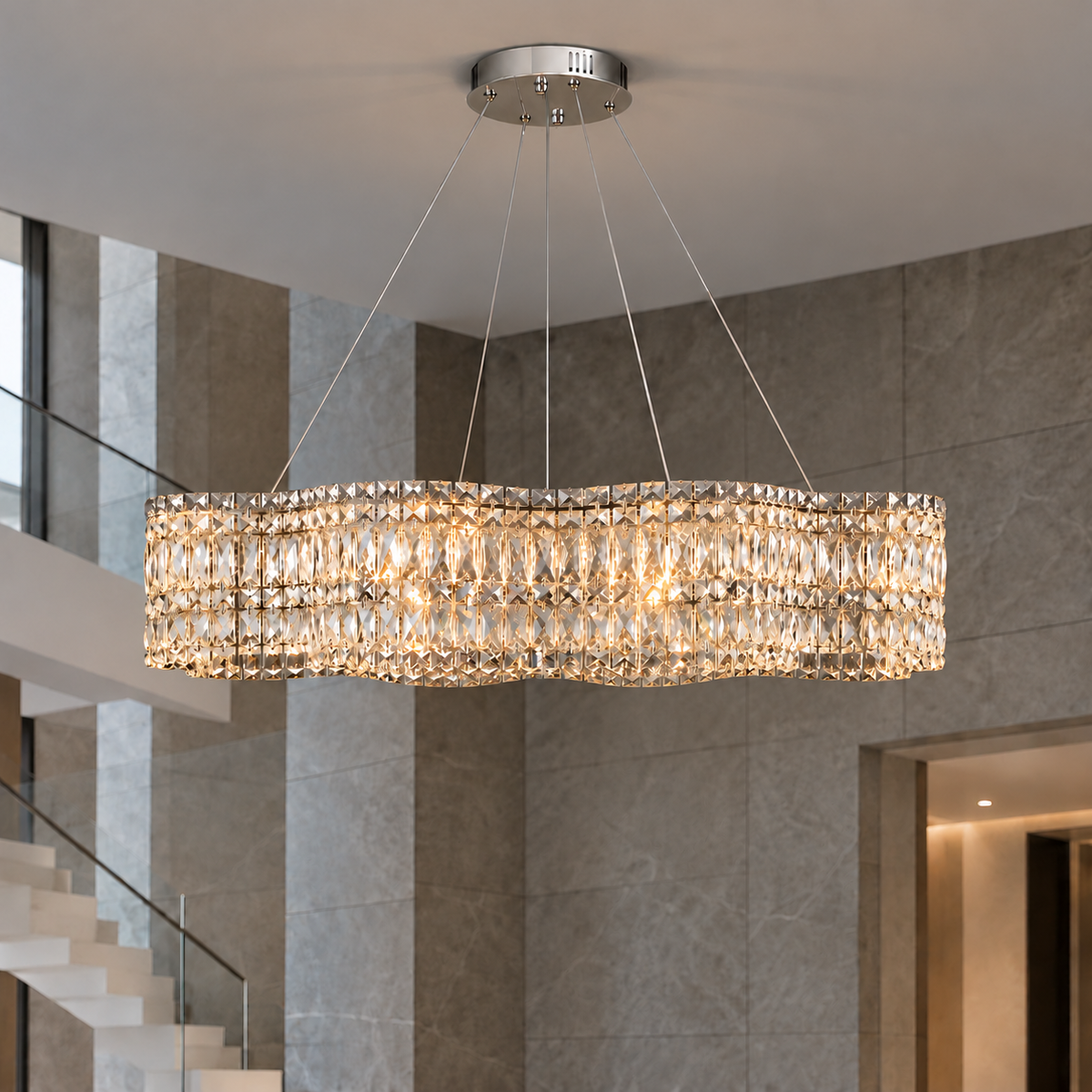 Wavy crystal drum chandelier in chrome or gold — commercial, Chrome / 100 cm
