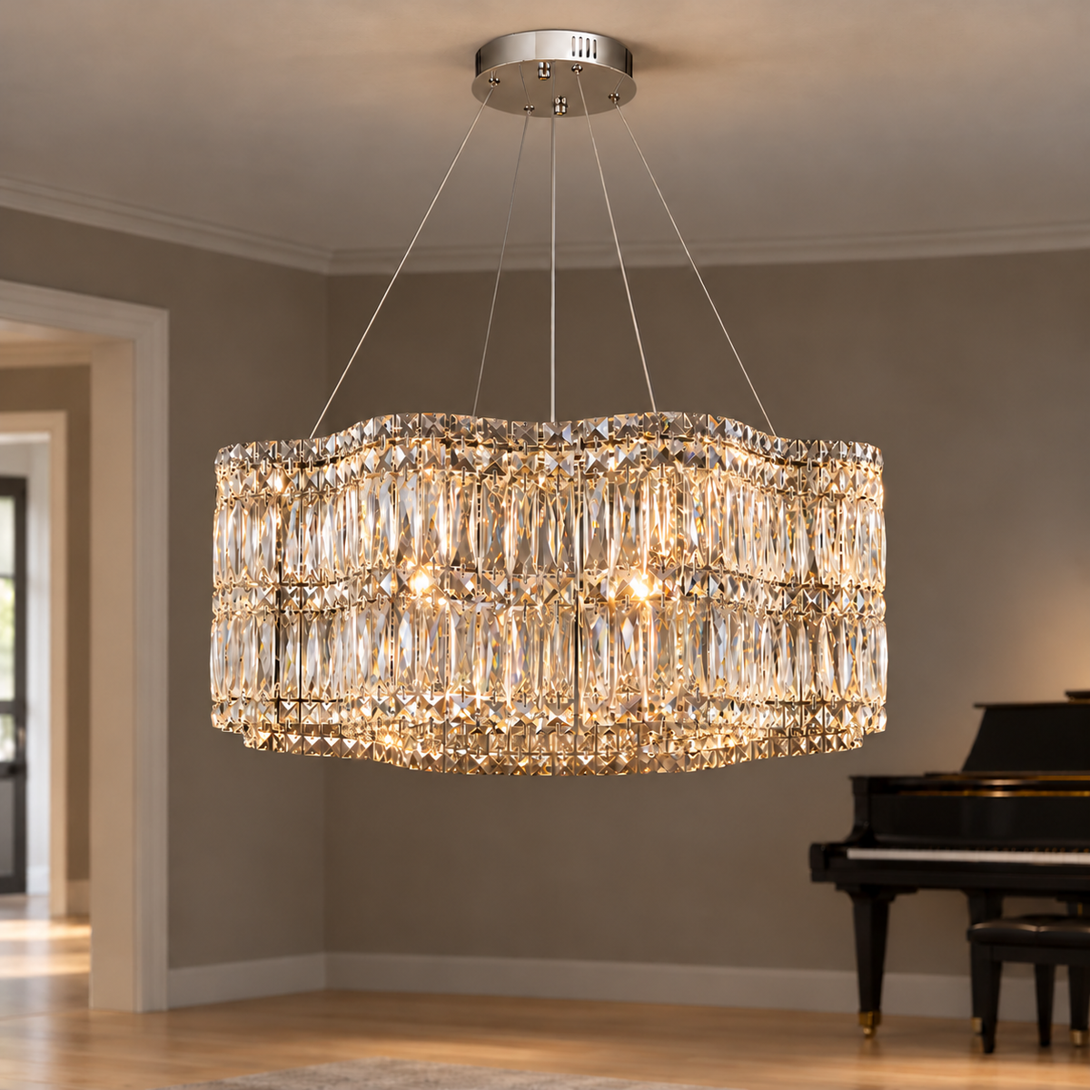 Wavy crystal drum chandelier in chrome or gold — commercial, Chrome / 50 cm