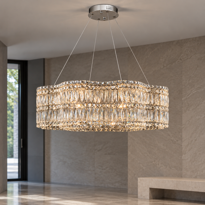 Wavy crystal drum chandelier in chrome or gold — commercial, Chrome / 60 cm