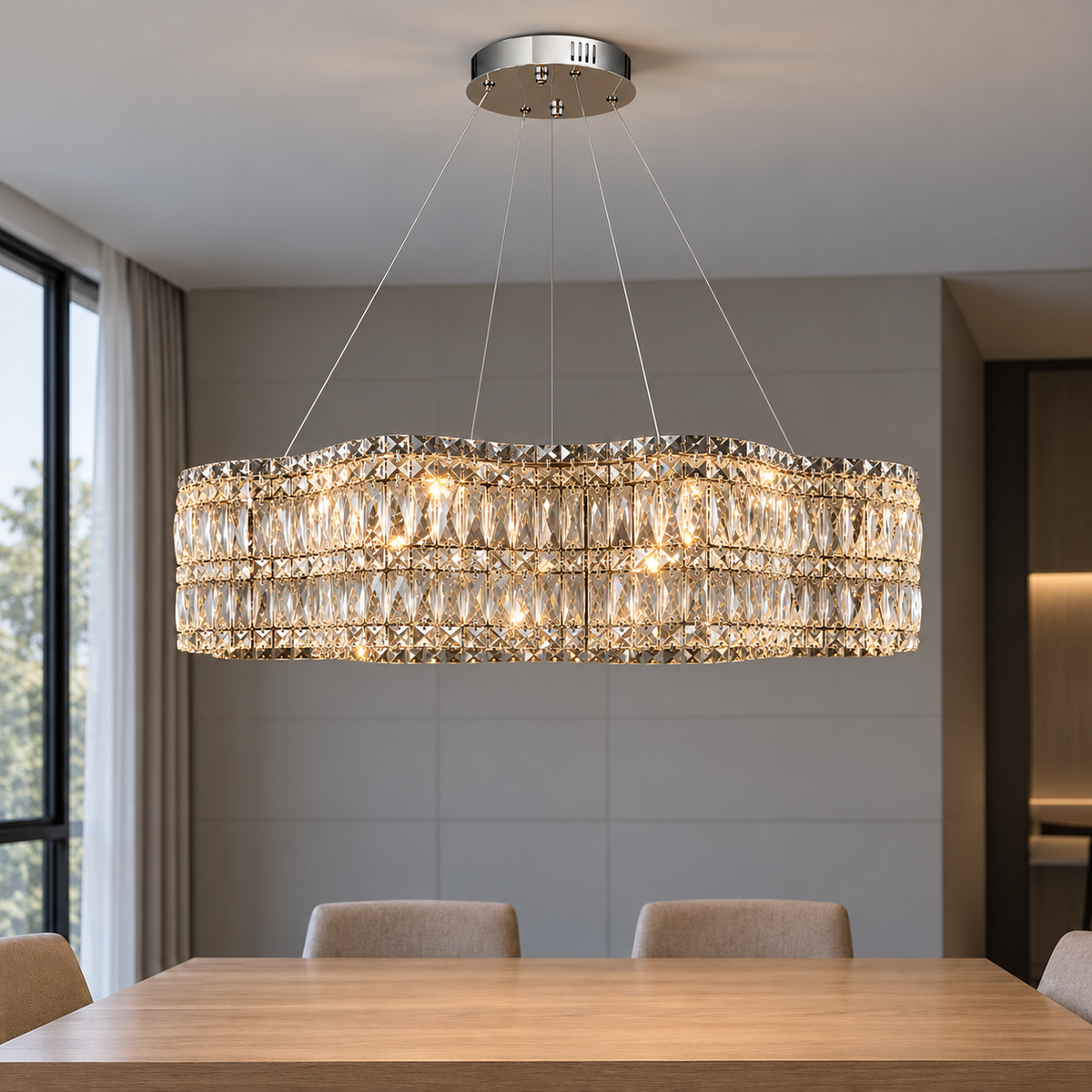 Wavy crystal drum chandelier in chrome or gold — commercial, Chrome / 80 cm