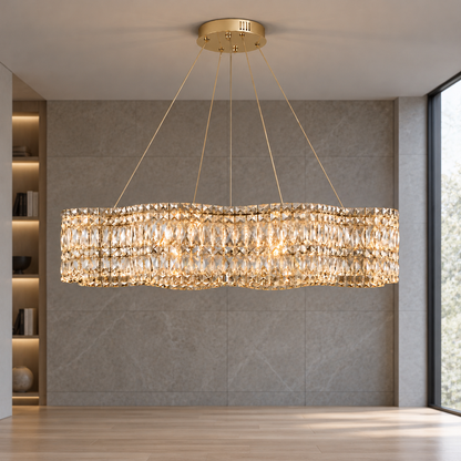 Wavy crystal drum chandelier in chrome or gold — commercial, Gold / 100 cm