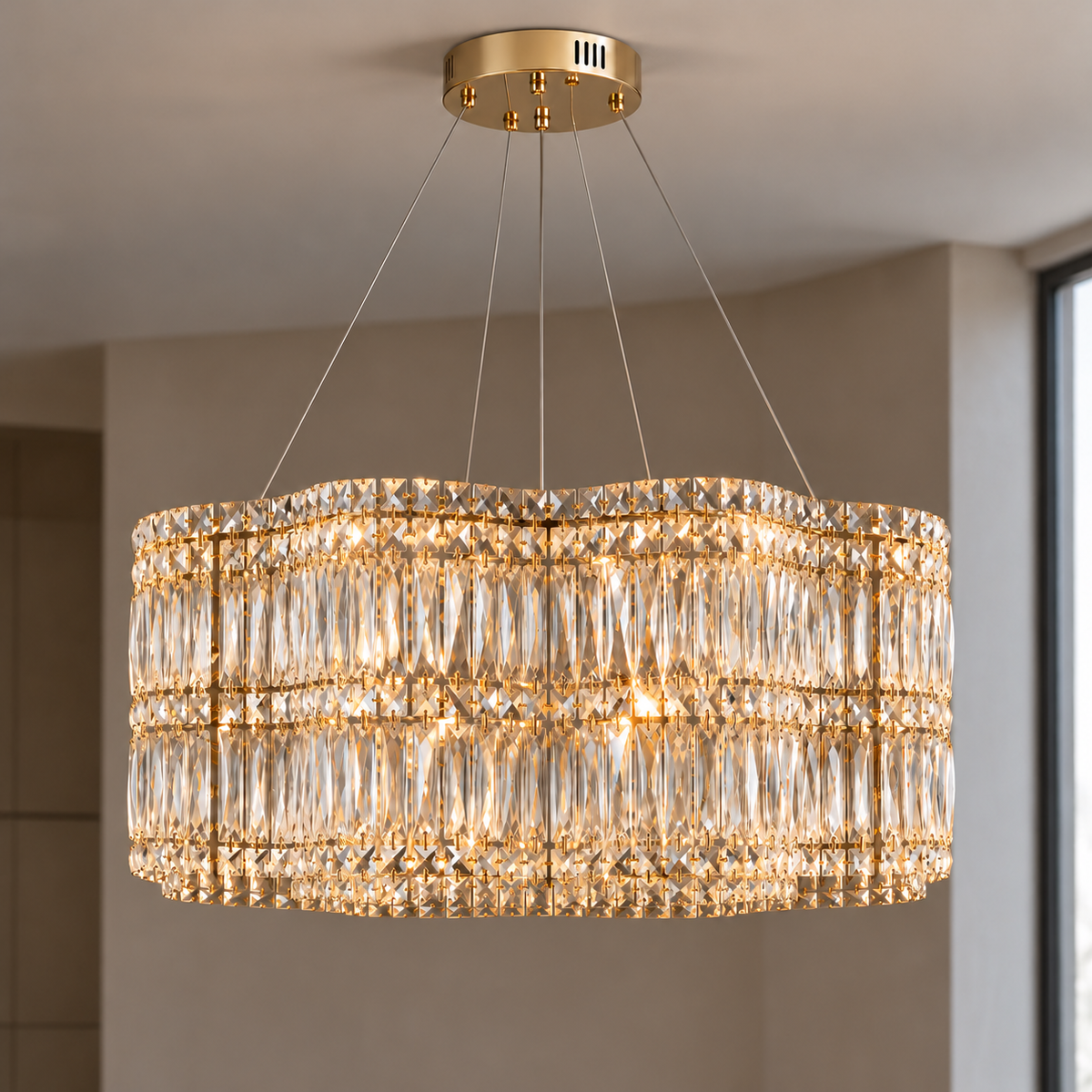 Wavy crystal drum chandelier in chrome or gold — commercial, Gold / 50 cm