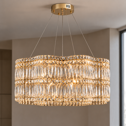 Wavy crystal drum chandelier in chrome or gold — commercial, Gold / 50 cm