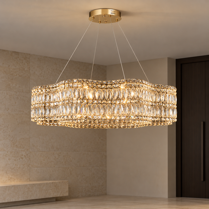 Wavy crystal drum chandelier in chrome or gold — commercial, Gold / 80 cm