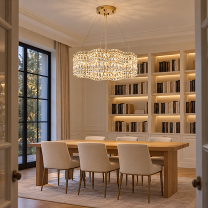 Wavy crystal drum chandelier in chrome or gold — front side far, Gold / 60 cm