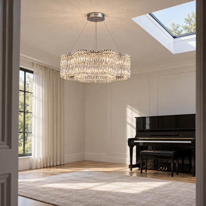 Wavy crystal drum chandelier in chrome or gold — side far, Chrome / 60 cm