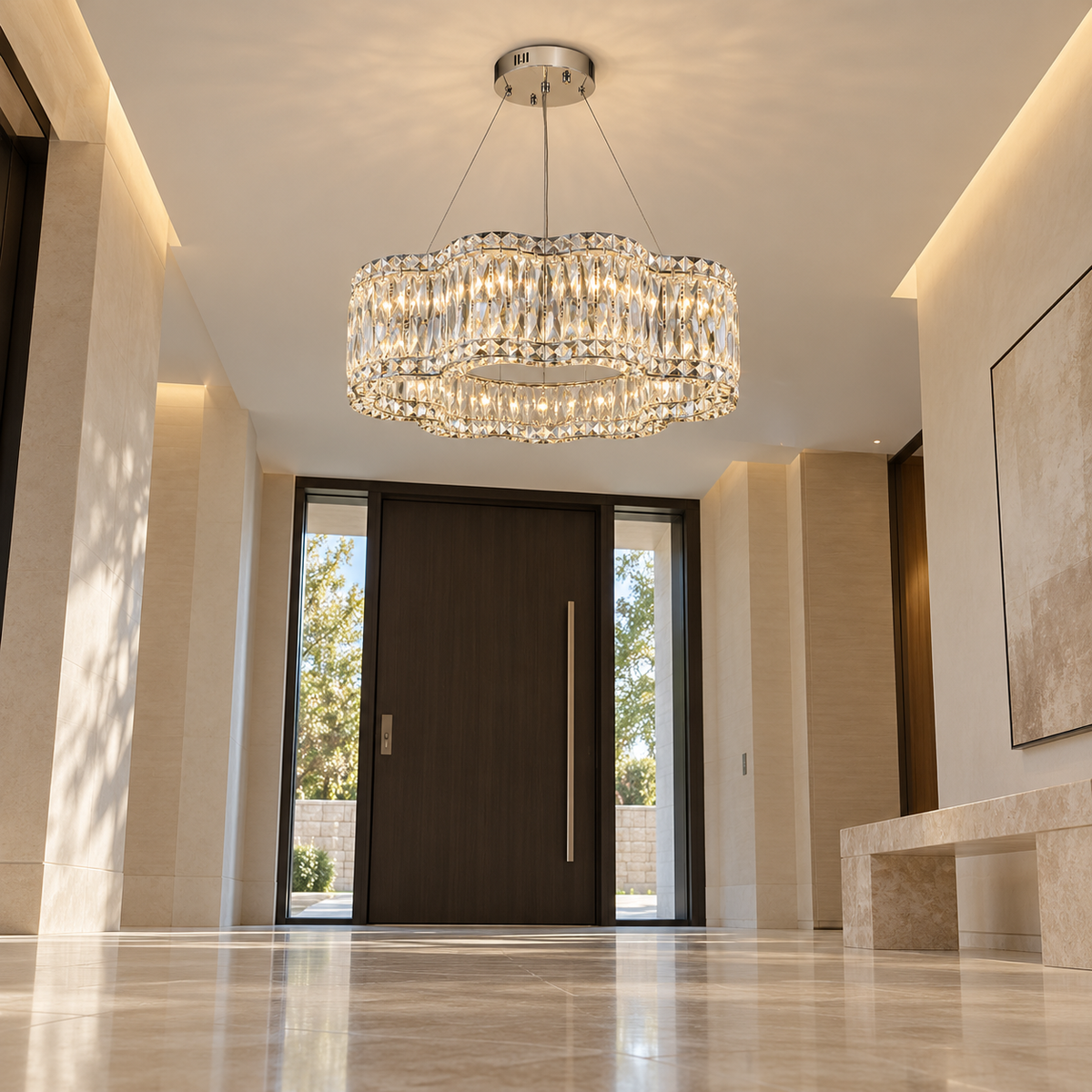 Wavy crystal drum chandelier in chrome or gold — under distance, Chrome / 60 cm