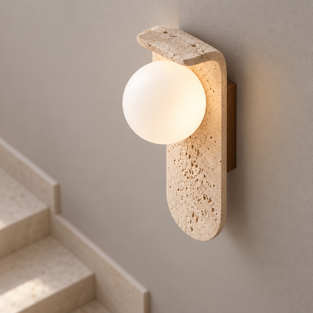 Curved travertine wall light with a white glass globe — above mid, beige_white_25cm