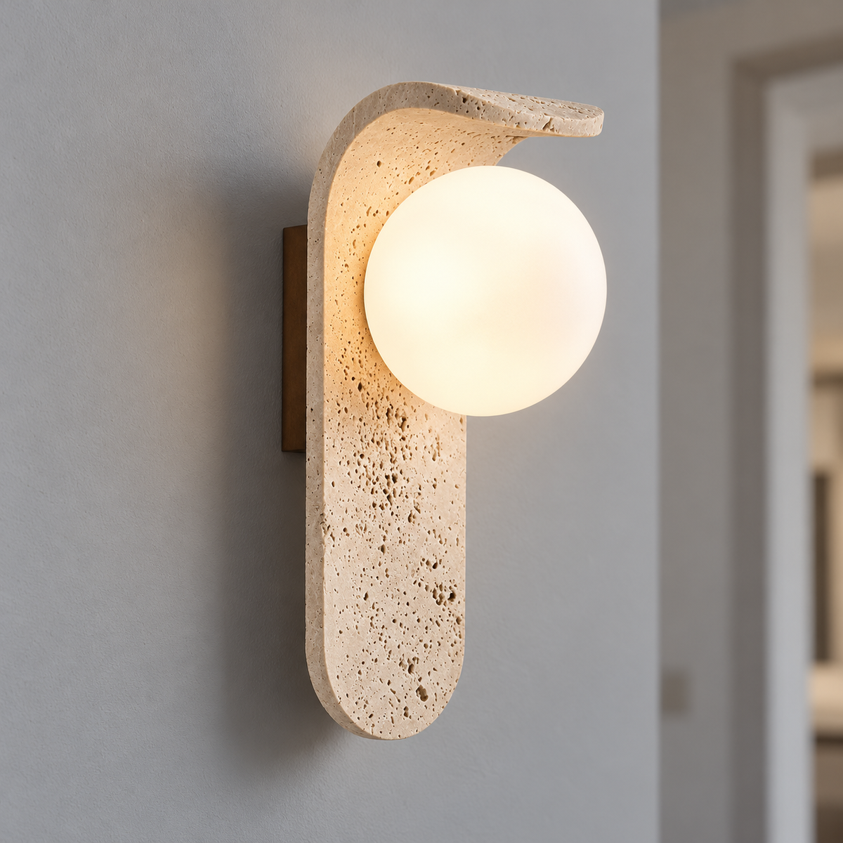 Curved travertine wall light with a white glass globe — commercial, beige_white_25cm