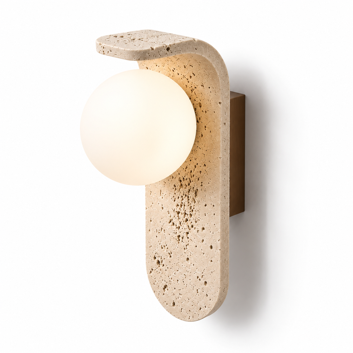 Curved travertine wall light with a white glass globe — cover, beige_white_25cm