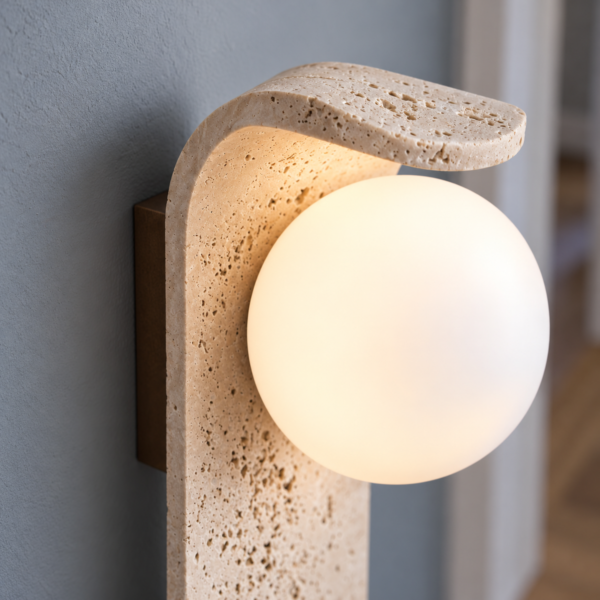 Curved travertine wall light with a white glass globe — detail, beige_white_25cm