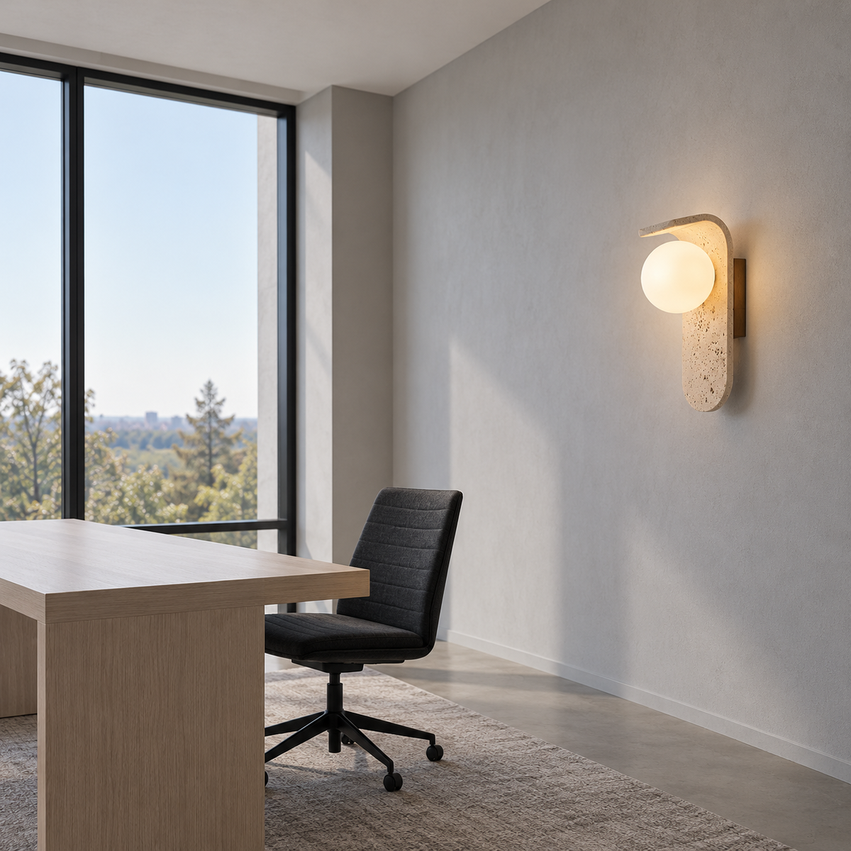 Curved travertine wall light with a white glass globe — front side far, beige_white_25cm