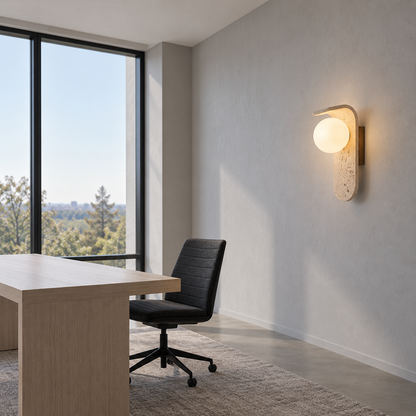 Curved travertine wall light with a white glass globe — front side far, beige_white_25cm