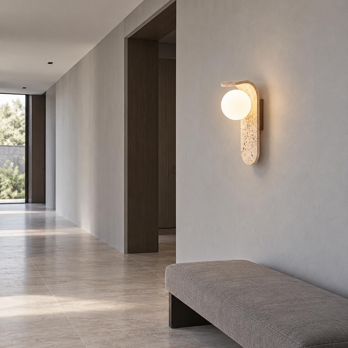 Curved travertine wall light with a white glass globe — side far, beige_white_25cm