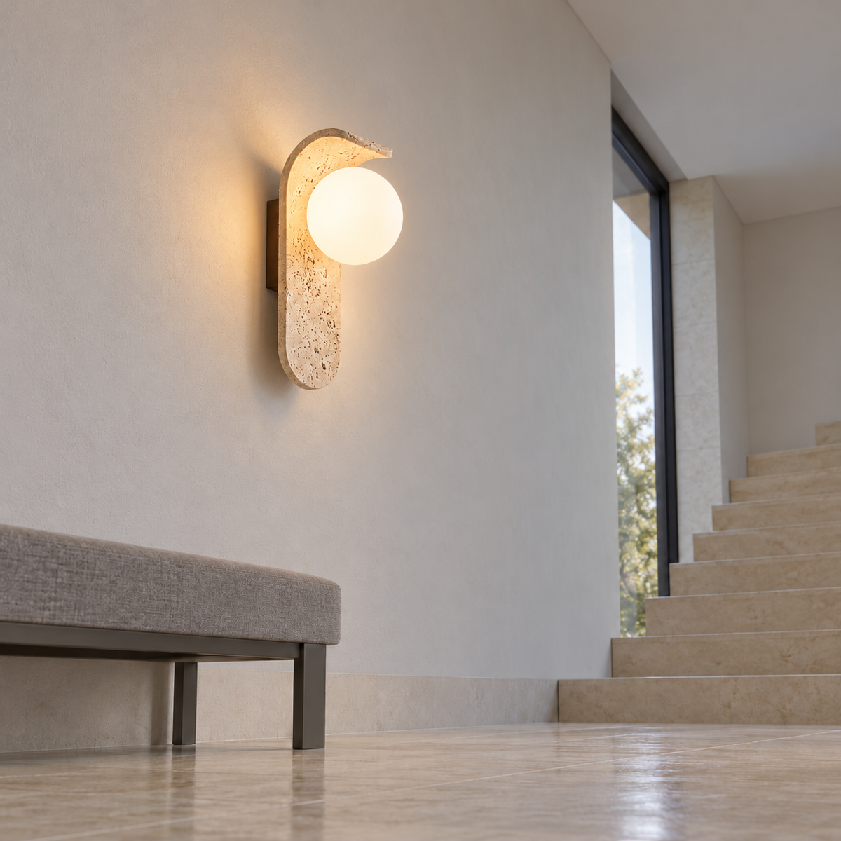 Curved travertine wall light with a white glass globe — under distance, beige_white_25cm