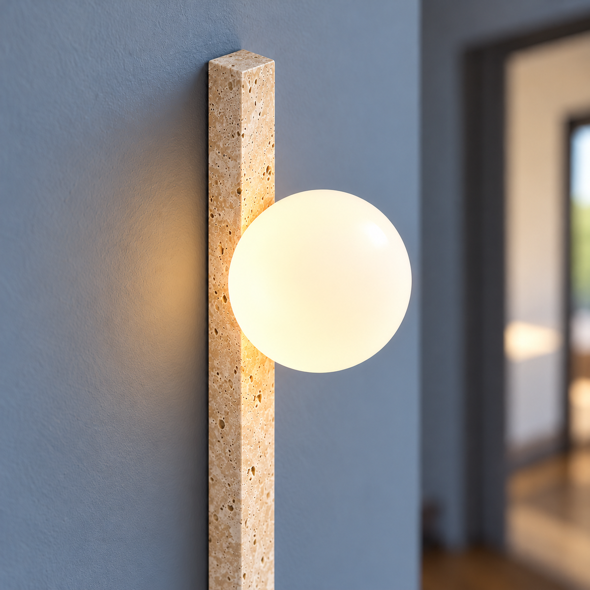 Long travertine wall light in two styles — detail, globe_90
