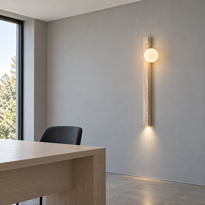 Long travertine wall light in two styles — front side far, globe_90