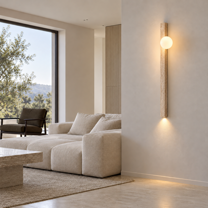 Long travertine wall light in two styles — side far, globe_90
