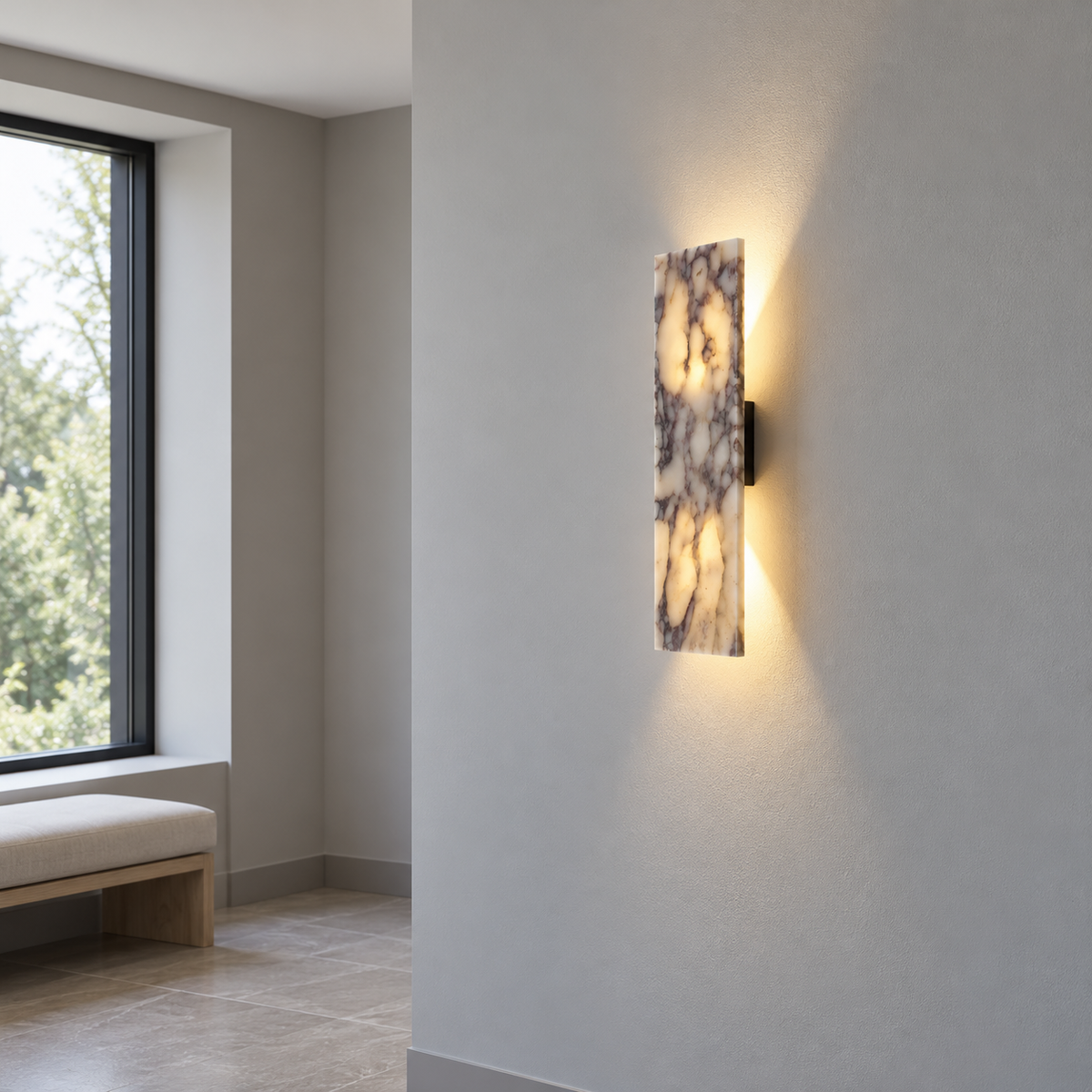 Veined stone wall bar light, 32 cm — side far, pale_veined_32cm