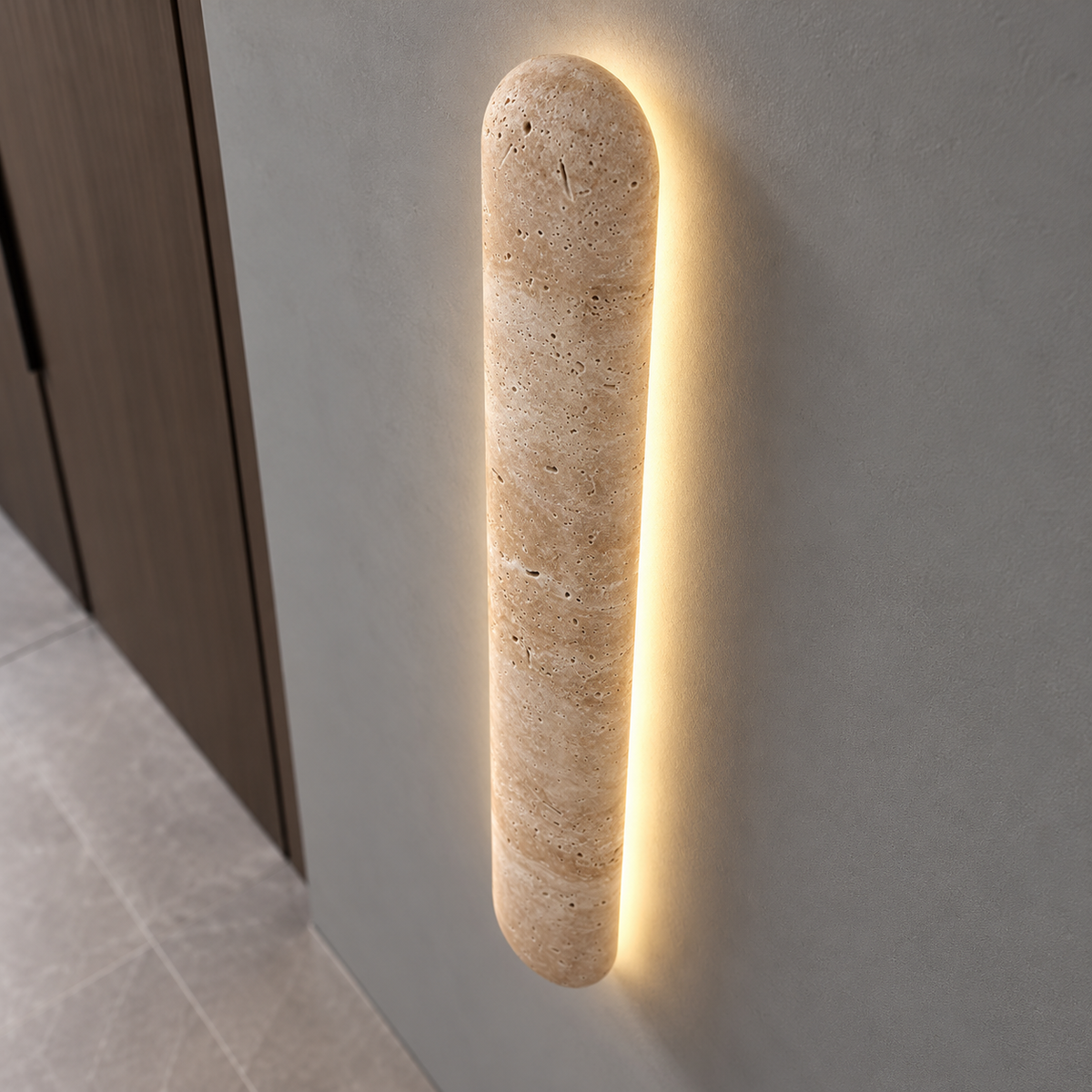 Capsule travertine wall light with a soft halo — above mid, Yellow-beige / Length60cm
