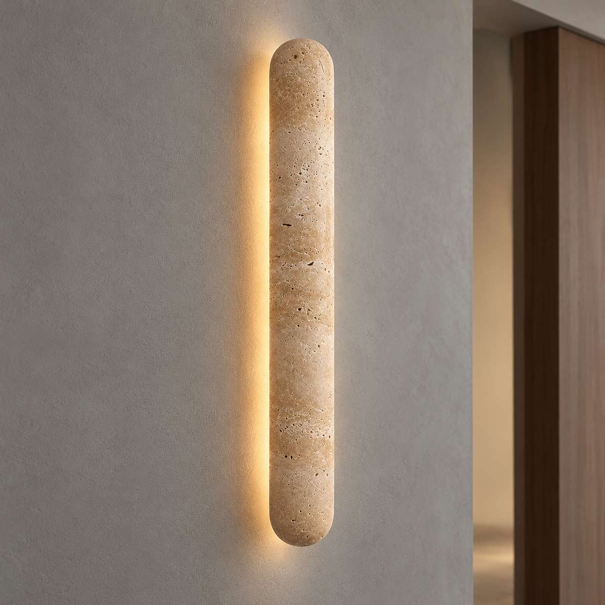 Capsule travertine wall light with a soft halo — commercial, Yellow-beige / Length 60 cm