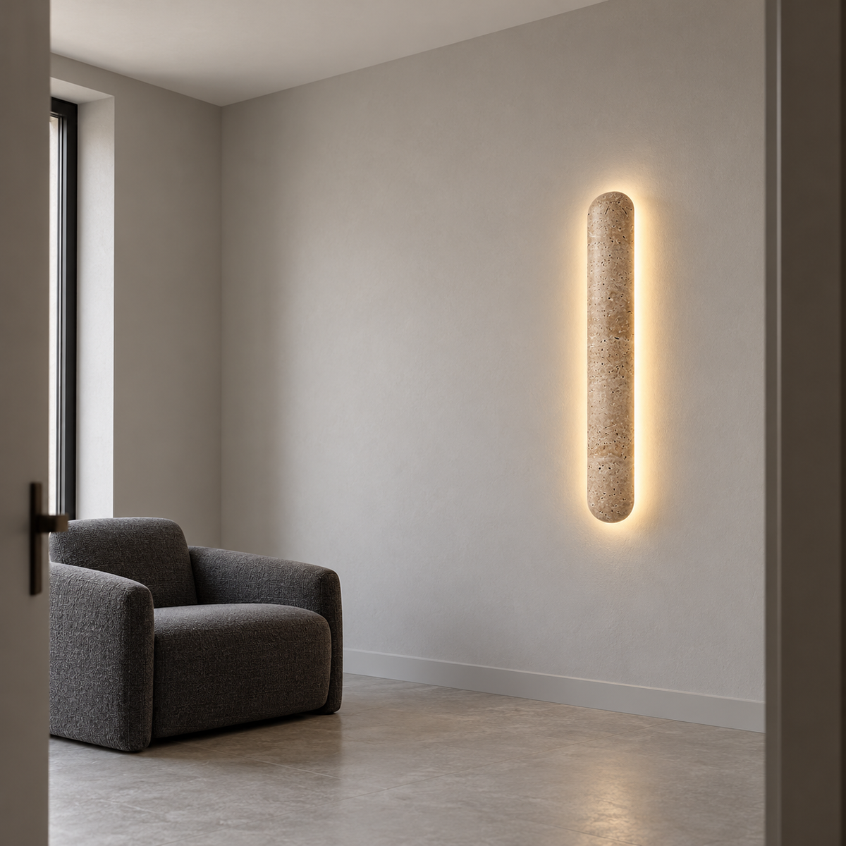 Capsule travertine wall light with a soft halo — front side far, Yellow-beige / Length60cm