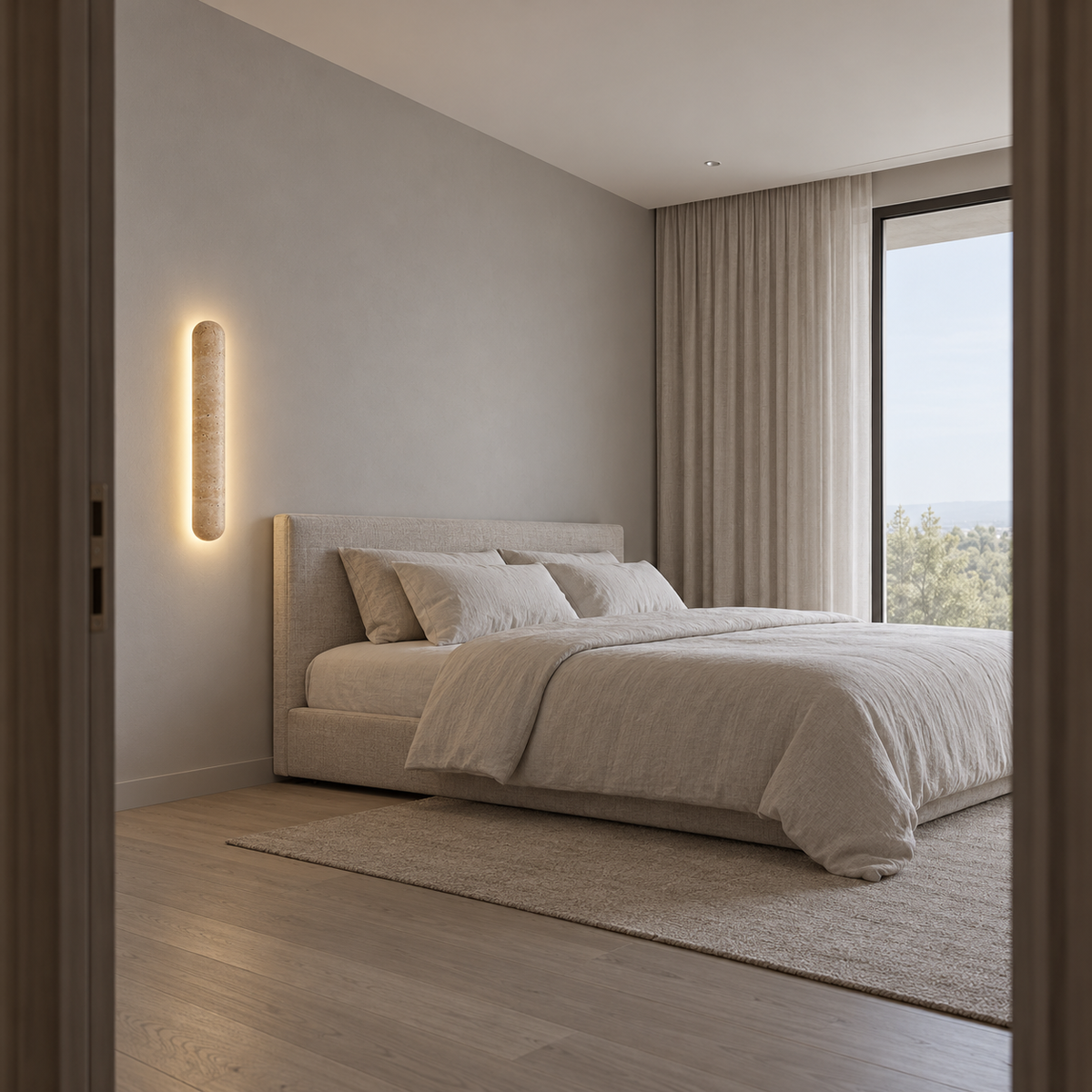 Capsule travertine wall light with a soft halo — side far, Yellow-beige / Length60cm