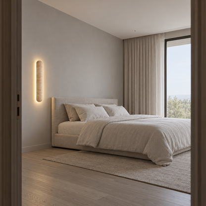 Capsule travertine wall light with a soft halo — side far, Yellow-beige / Length60cm