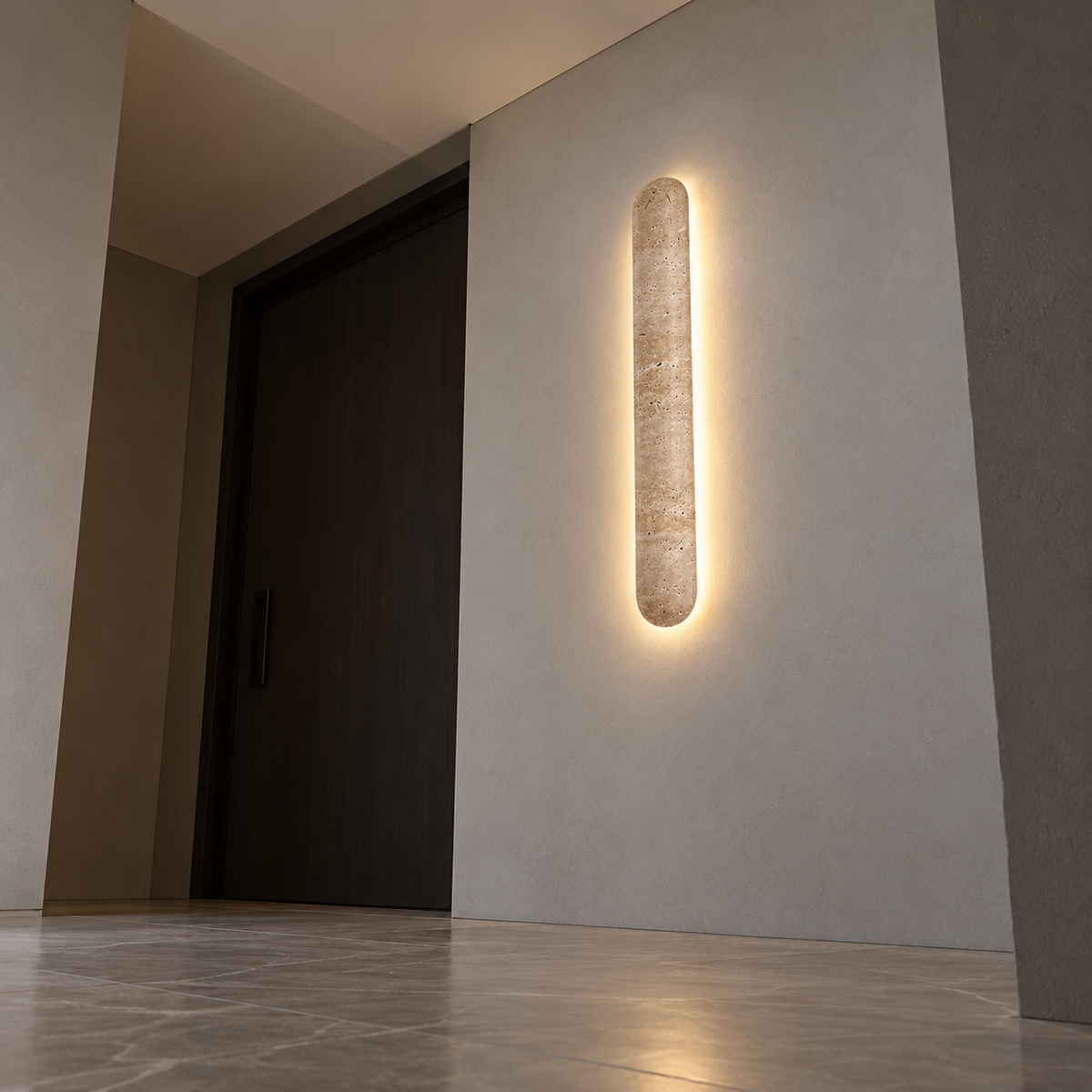 Capsule travertine wall light with a soft halo — under distance, Yellow-beige / Length60cm