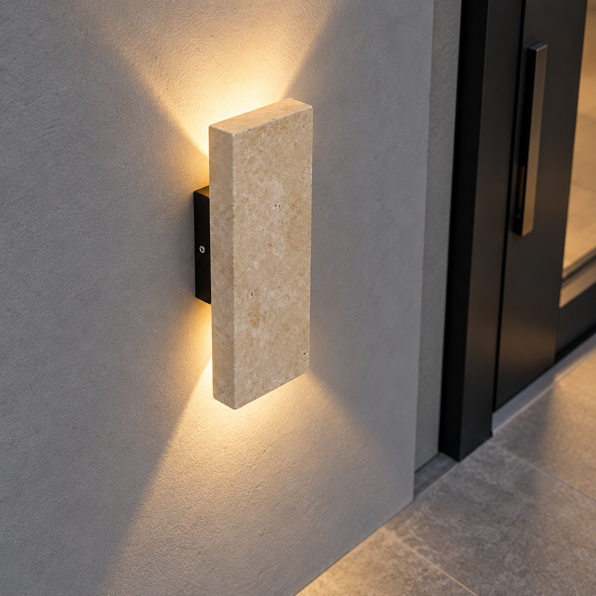 Upright stone block wall light with twin beams — above mid, Yellow-beige / Length 22 cm