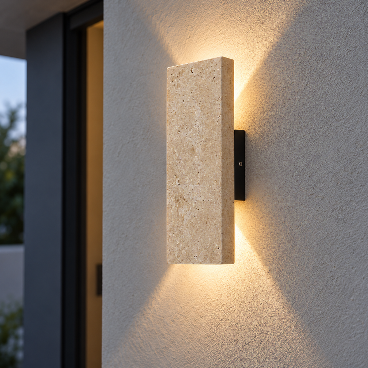 Upright stone block wall light with twin beams — commercial, Yellow-beige / Length 22 cm