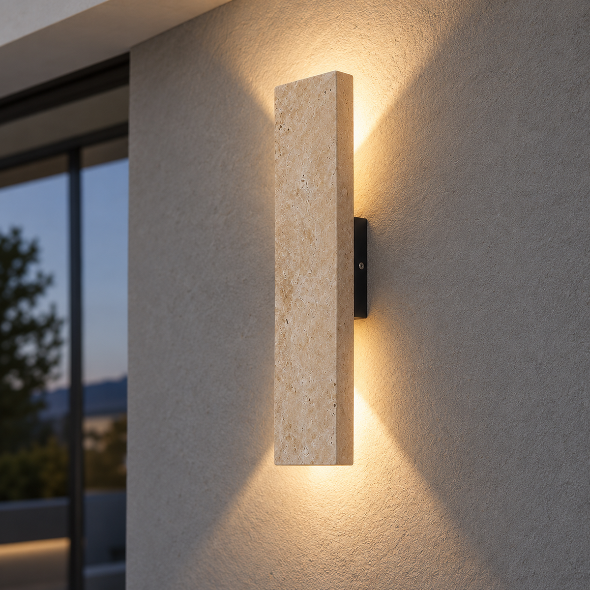 Upright stone block wall light with twin beams — commercial, Yellow-beige / Length 32 cm