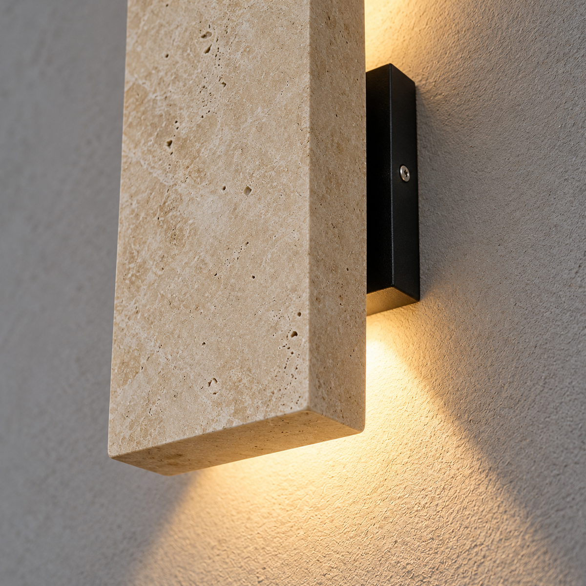 Upright stone block wall light with twin beams — detail, Yellow-beige / Length 22 cm