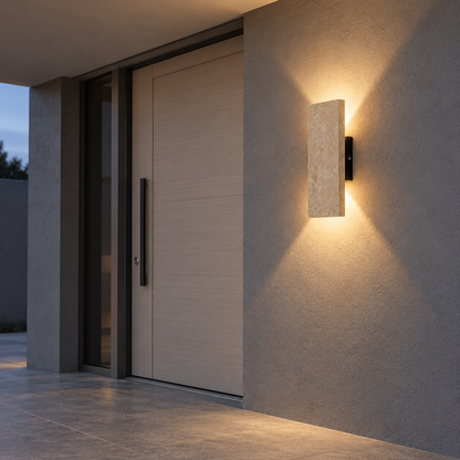 Upright stone block wall light with twin beams — front side far, Yellow-beige / Length 22 cm