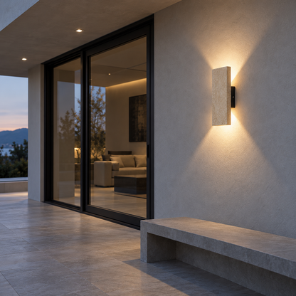 Upright stone block wall light with twin beams — side far, Yellow-beige / Length 22 cm