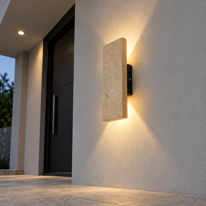 Upright stone block wall light with twin beams — under distance, Yellow-beige / Length 22 cm