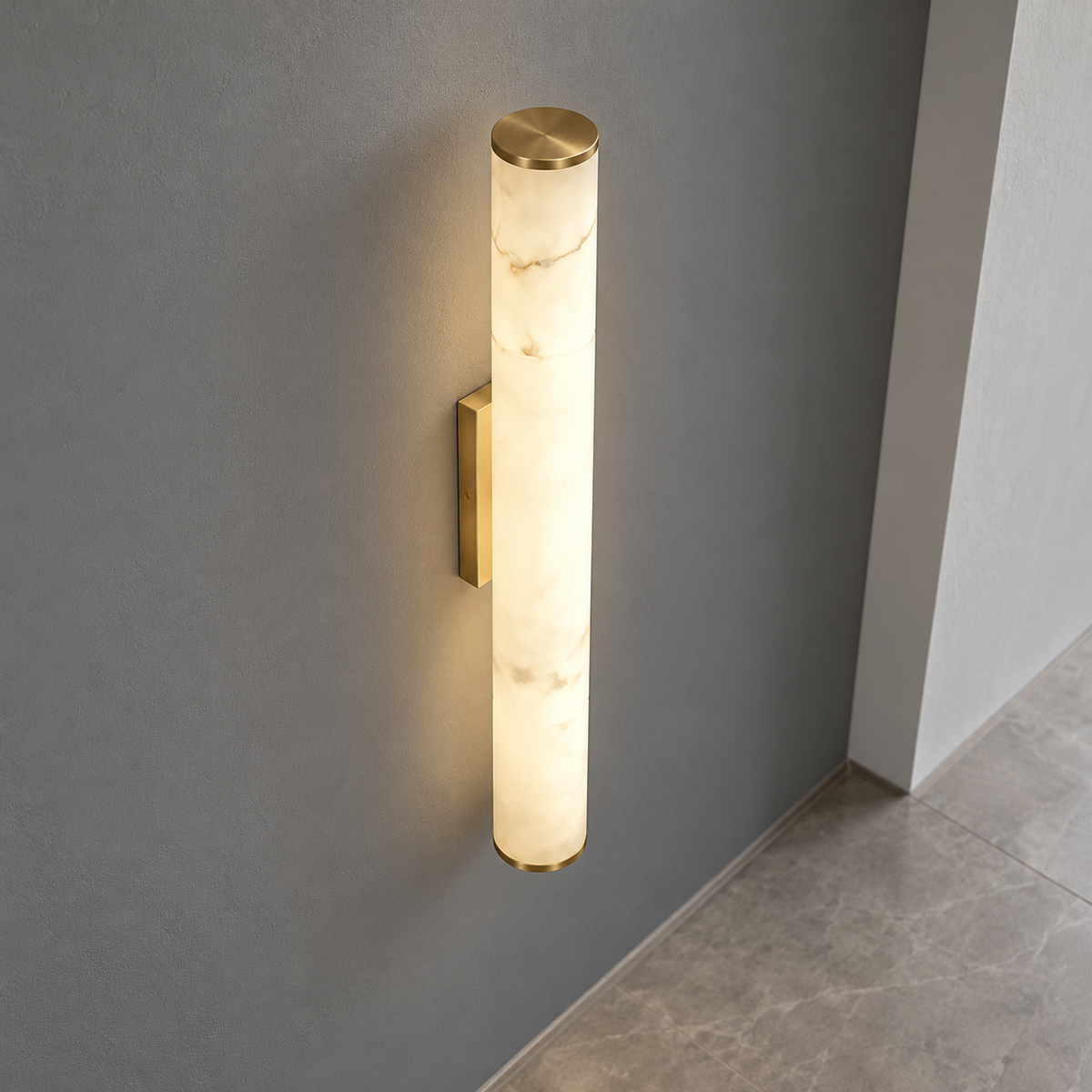 Faux-marble resin tube wall light with metal caps — above mid, Gold / Length 50 cm