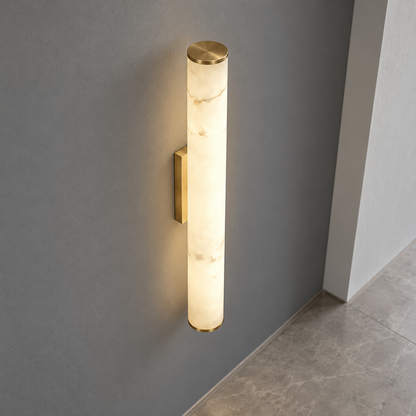 Faux-marble resin tube wall light with metal caps — above mid, Gold / Length 50 cm