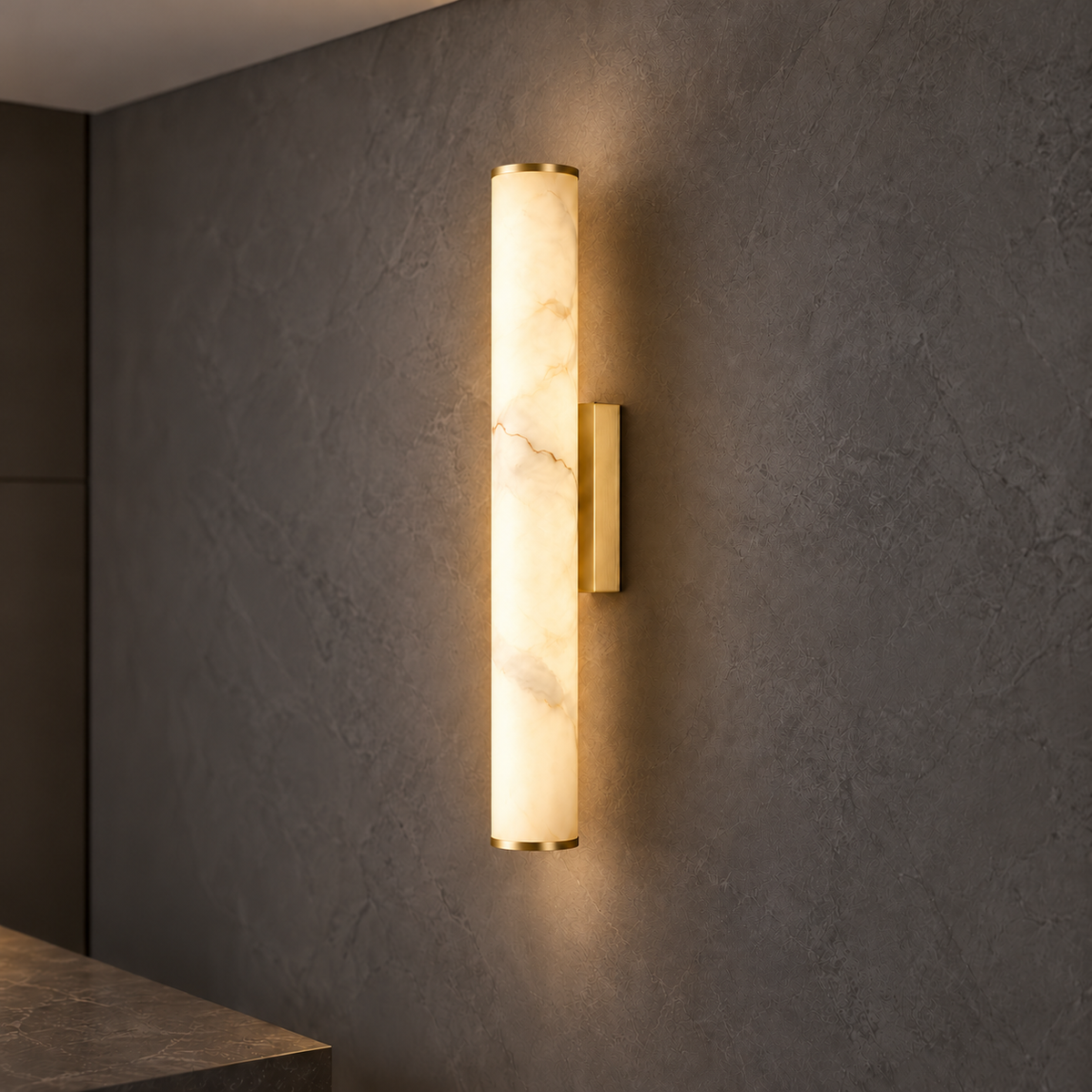 Faux-marble resin tube wall light with metal caps — commercial, Gold / Length 50 cm